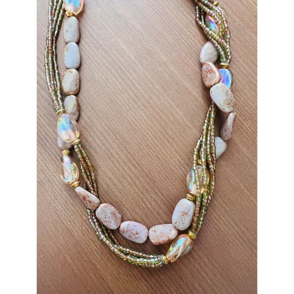 Vintage 30" 14k GE Stone Gold Glass Bead Necklace Statement green mauve Brown - Picture 5 of 14